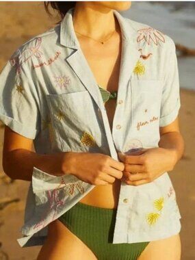 Anthropologie Maeve Surf Sage Green Embroidered Floral Button-Down Shirt Large